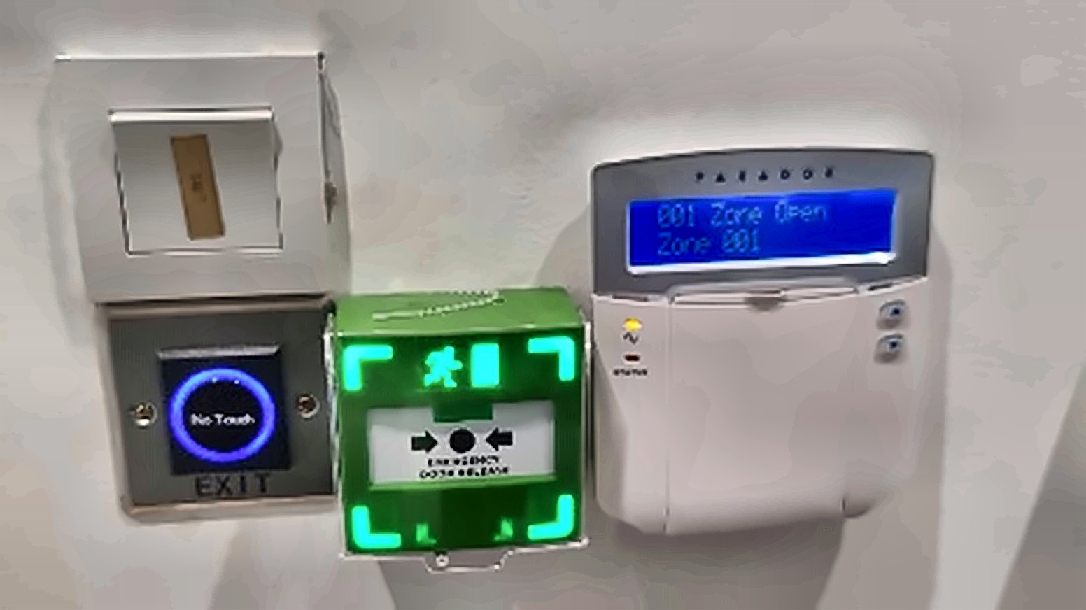 Card reader, exit button, break-glass and alarm keypad